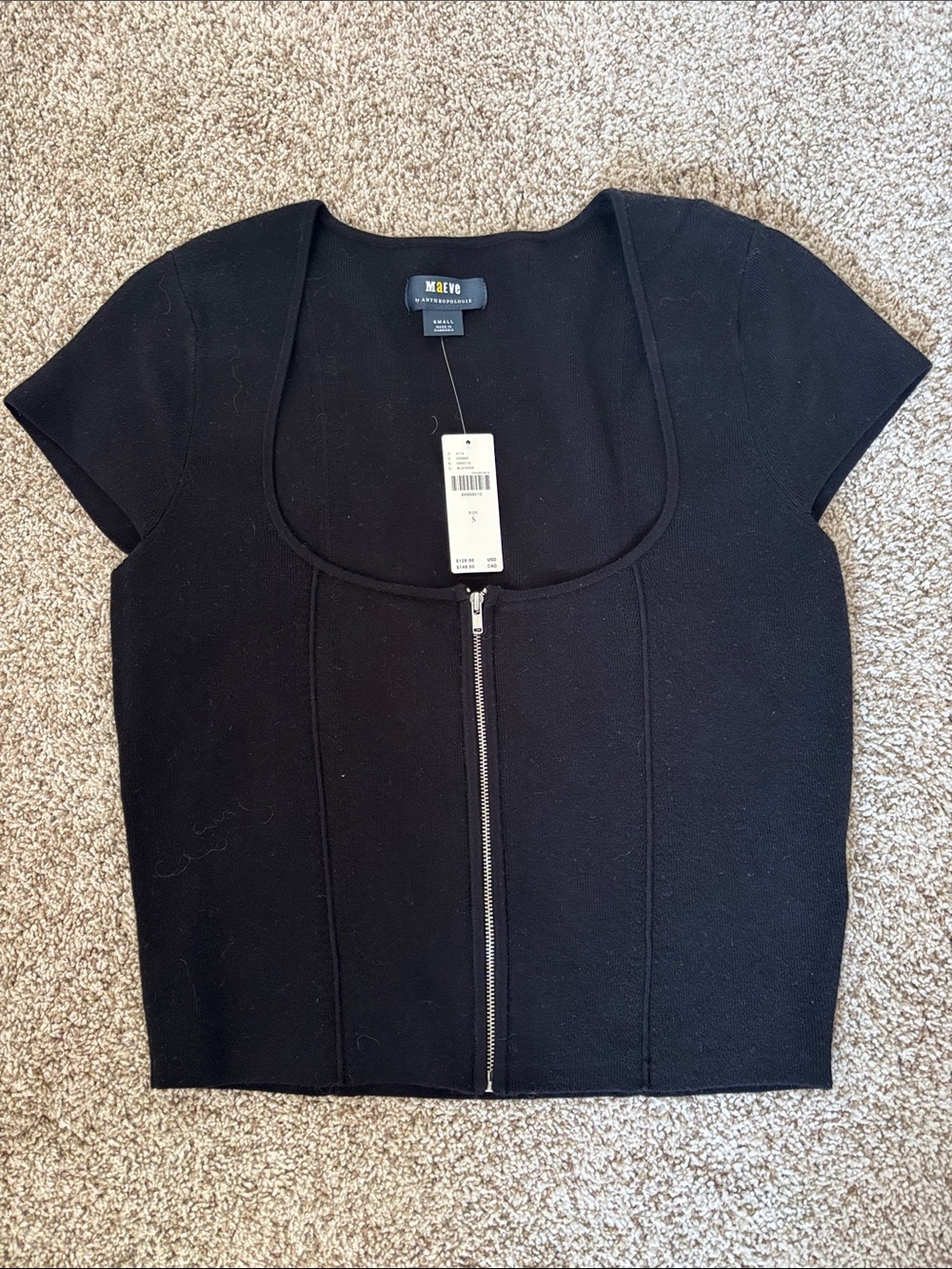 NWT Maeve Black Zip-Front Short Sleeve Top - Picture 2 of 6